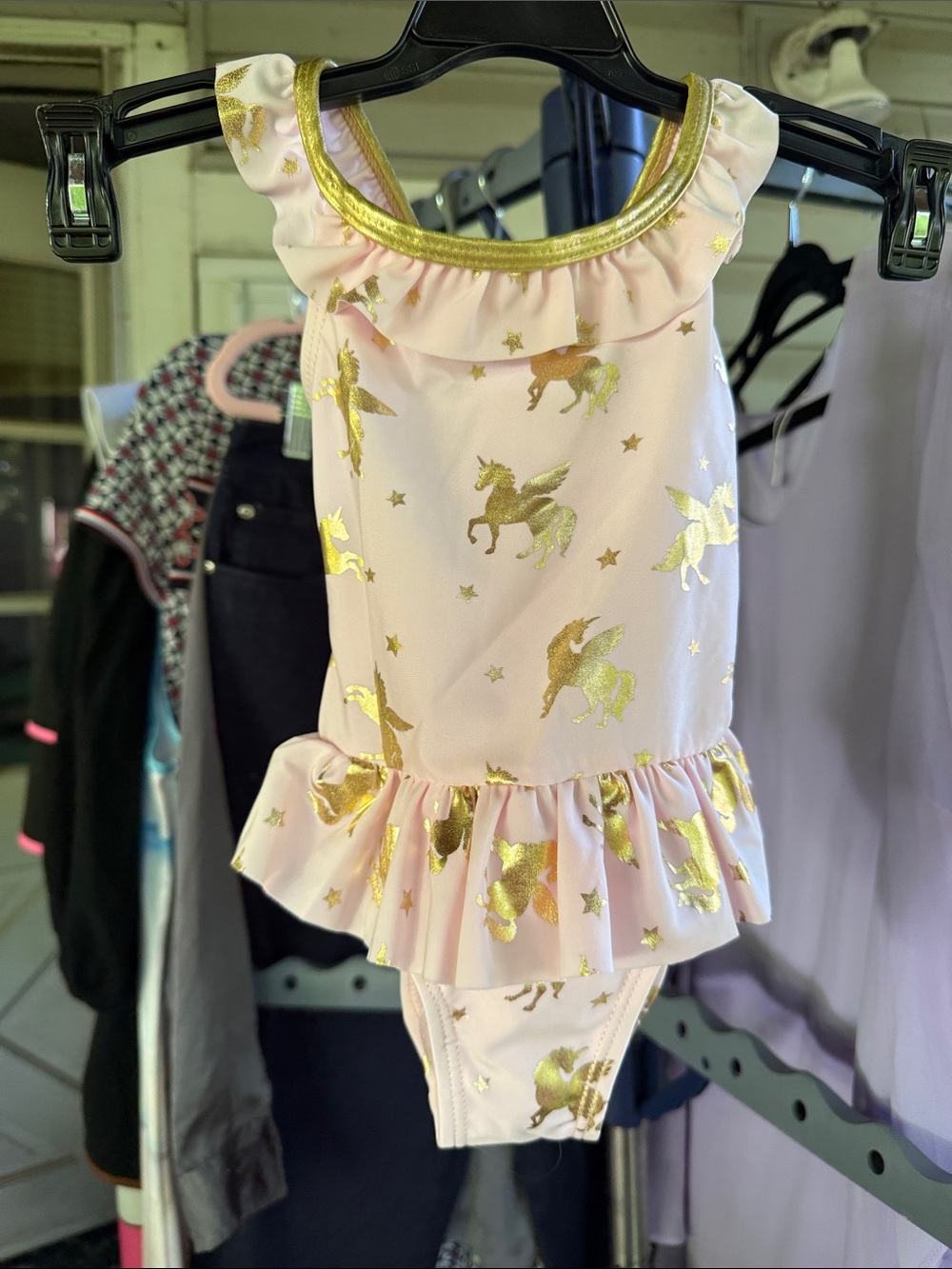NWT Freestyle Revolution Infant Girl 12 mo.  Gold Unicorn Pink Ruffle swimsuit